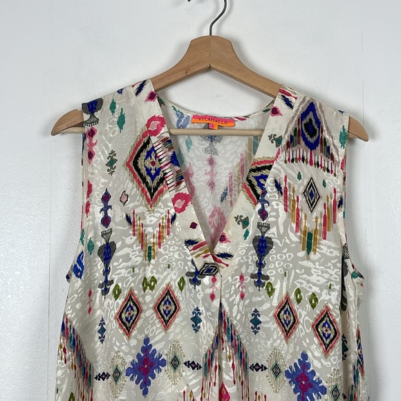 Vilagallo Sleeveless Deep V Neck Womens L Pullover Metallic Multicolor Tunic Top - Picture 3 of 8